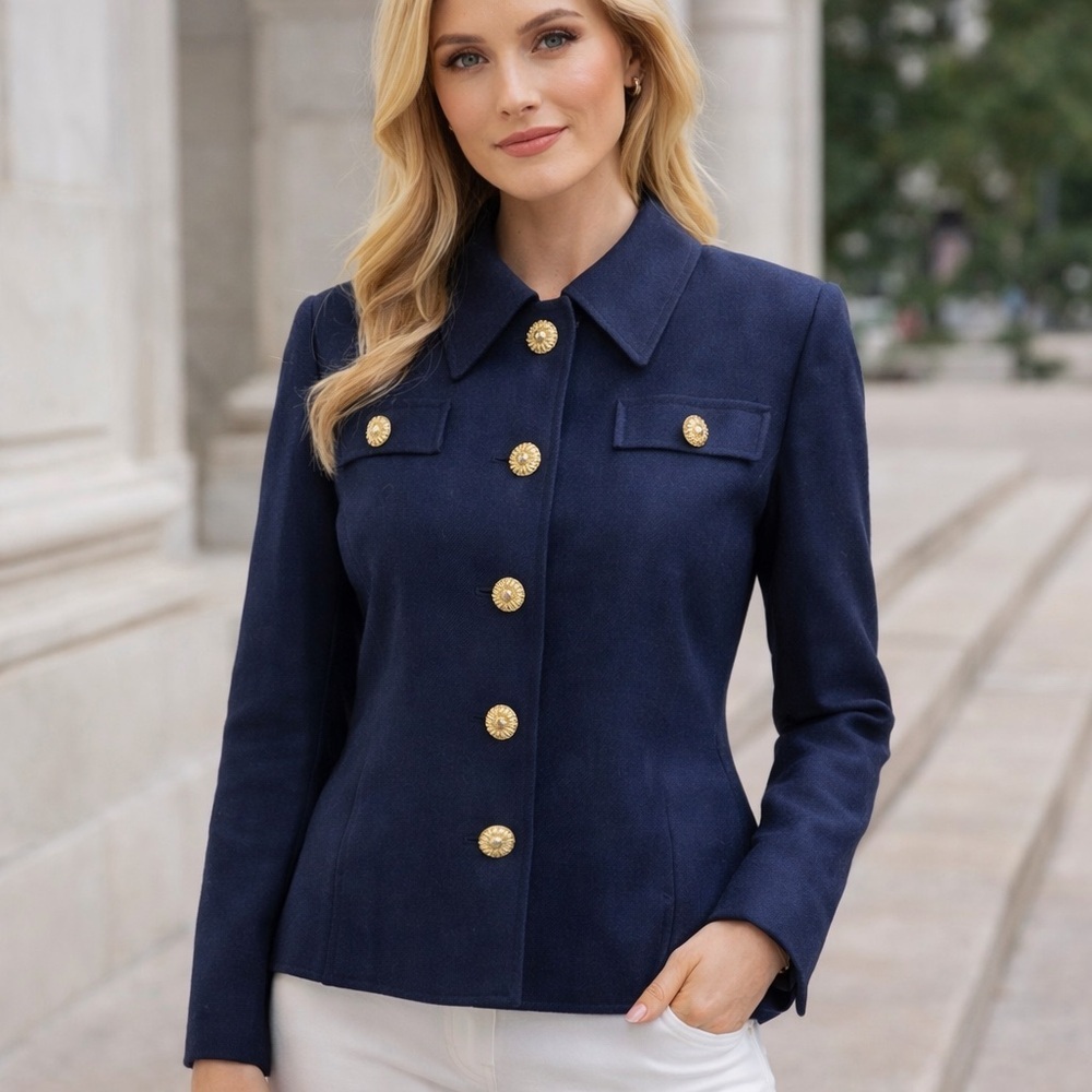 Herbert Grossman Cynthia Sobel Linen Navy Jacket Gold Buttons Sz 12P Petite